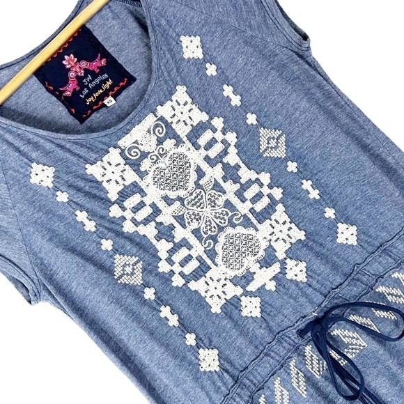 Johnny Was Blue Embroidered Drawstring Waist Asymmetrical Dress Bohemian Boho - Picture 6 of 6